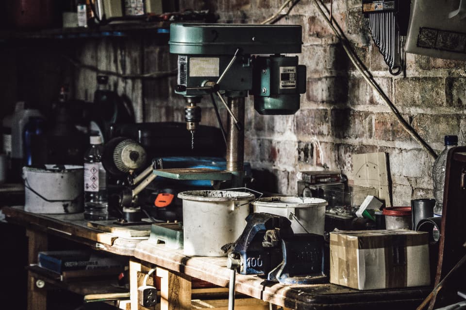 Workshop bench with tools