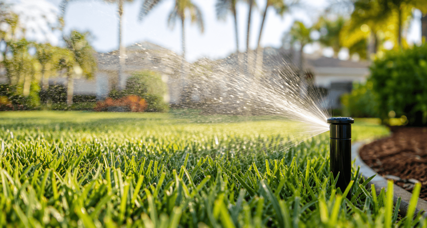 Sprinkler head watering a lush Florida lawn lined with palm trees