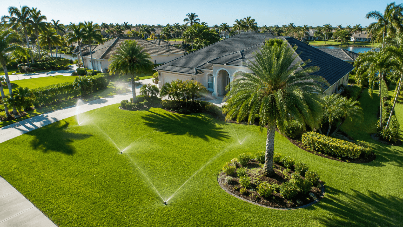 Aerial view of a Florida estate with sprinklers watering a lush green lawn